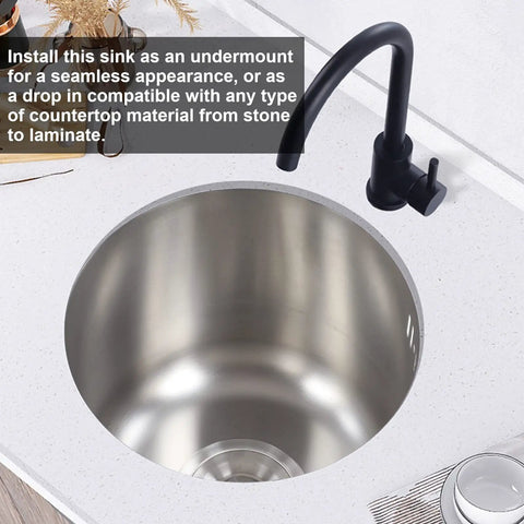 Mini Round Stainless Steel Kitchen Sink Bar Basin With Drainpipe Fitting 30cm Diameter compact drop-in mount in countertop view.