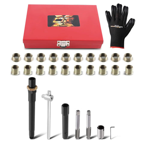 Spark Plug Thread Repair Kit M14 x 1.25 Taps And Inserts, 26 Piece Rethreading Tools Set With red case and black gloves