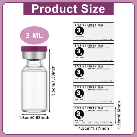 Image of 20 Pack 3Ml Sealed Sterile Empty Vials With Self Healing Injection Port Glass Penicillin Bottle And 20 Purple Label Stickers