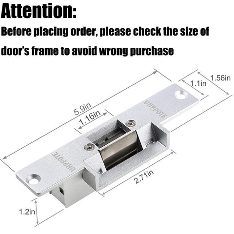Heavy Duty Electric Door Strike Lock Fail Secure 12Vdc Access Control Setup For Warehouses dimensions with metal frame and latch details.