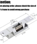 Built Solid Electric Door Strike Lock For Smooth Access Control Systems Featuring Fail Safe Design That Effortlessly Opens On Power Failure And Handles The Daily Grind Without Breaking A Sweat, measurements displayed.