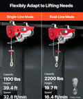 Dual-mode 2200lbs Electric Hoist with 328ft Wireless Remote Control, showcasing single and double-line lifting modes in a garage setting.