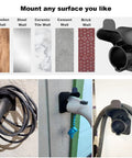 Slick Wall Mount EV Charger Holder For J1772 Plugs And Connectors Cord Organizer mounted on different surfaces with charging cable.