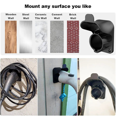 Slick Wall Mount EV Charger Holder For J1772 Plugs And Connectors Cord Organizer mounted on different surfaces with charging cable.