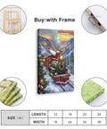 Festive Steam Train Wall Art Print Featuring A Red And Green Locomotive In Snow, framed canvas, size 18x24, made in USA