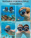 Snorkel Mask For Adults And Teens, Leak-Proof Swim Goggles With 180-Degree Panoramic View, Anti-Fog Scuba Diving Mask, Easy One-Second Underwater Adjustment, Perfect For Snorkeling, Freediving, And Pool Or Ocean Swimming, Blue; two pairs exploring underwater scenes with vibrant fish