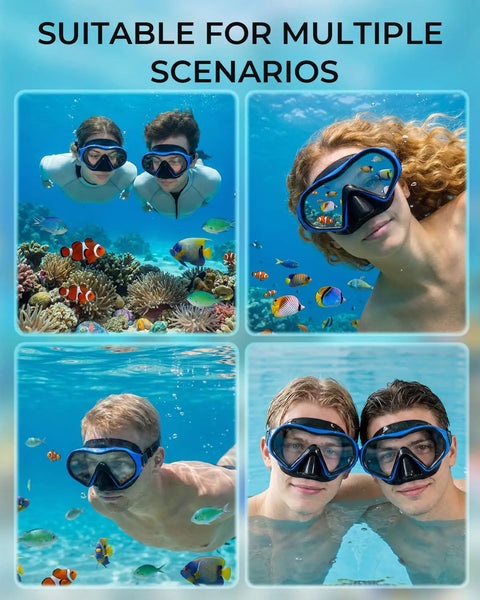 Snorkel Mask For Adults And Teens, Leak-Proof Swim Goggles With 180-Degree Panoramic View, Anti-Fog Scuba Diving Mask, Easy One-Second Underwater Adjustment, Perfect For Snorkeling, Freediving, And Pool Or Ocean Swimming, Blue; two pairs exploring underwater scenes with vibrant fish