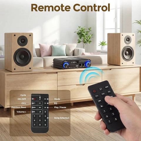 Living room setup with Beefy 2.1 Channel Home Audio Amplifier with Bluetooth 5.0, USB, AUX, remote, speakers, and subwoofer.