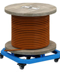Heavy Duty Cord Reel Turntable With 1000 Lbs Load Capacity Workhorse Portable Wire Spool Rack On Lockable Wheels Cable Caddy For Horizontal Payout 20 By 20 Inch Wire Spool Holder For Reels, displaying a wood and metal spool on a blue base with brakes holding orange cable