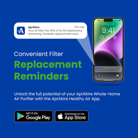 Phone screen showing AprilAire app with filter replacement notification for 410 Replacement Filter For Whole House Air Purifiers MERV 11 Filtration To Trap Dust Pollen Smoke And Allergens 16x25x4 Air Filter For Easy DIY Replacement Pack Of 2.