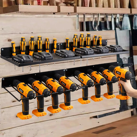 Power Tool Organizer With Charging Station And Drill Holder Wall Mount Heavy Duty Solid Metal Pegboard Garage Shelving In Black Keeps Tools Handy And Tidy 2 Pack 4 Set