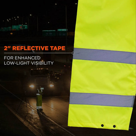 Close-up of lime rain pants with reflective tape, showcasing High Visibility Reflective Rain Pants Lime Large for Over Boots.