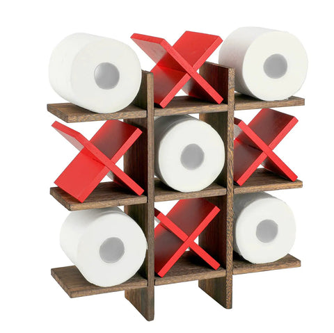 Tic Tac Toe Toilet Paper Holder Stand With Rustic Farmhouse Wood Decor With Vibe Freestanding Or Wall Mounted Storage Shelf, red X pieces.