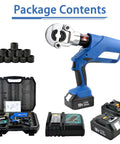 Heavy Duty Cordless Electric Hydraulic Crimping Pliers With Dual 4.0Ah Lithium Packs, package contents including dies and charger.