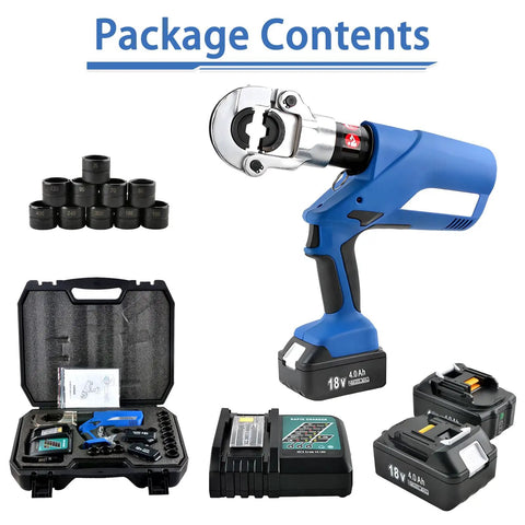 Heavy Duty Cordless Electric Hydraulic Crimping Pliers With Dual 4.0Ah Lithium Packs, package contents including dies and charger.
