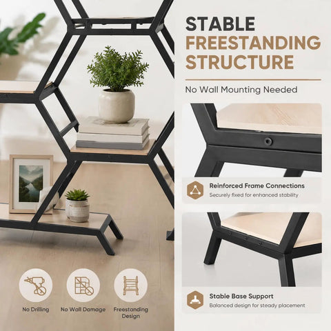 Dope Hexagon Room Divider Shelf With Modular Open Storage Industrial Freestanding Display Bookcase with stable structure detail.