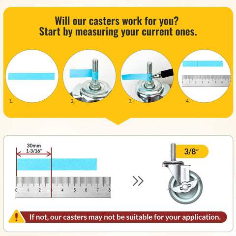 Measuring 3/8 inch threaded stem for Heavy Duty Stem Casters Wheels Set Of 8 With Brakes for proper fit.