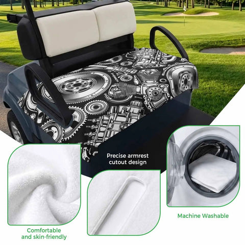 Two Seater Golf Cart Seat Cover And Towel Microfiber Absorbent Breathable Bench Seat Protector With Vintage Engine Print for Golf Course