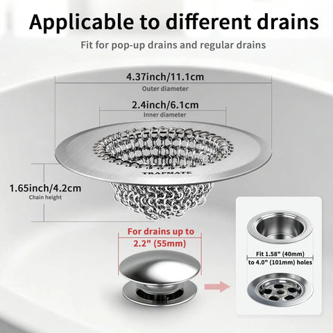 Hassle Free Shower Drain Hair Catcher With Quick Flip Empty Pocket for different drain sizes, stainless steel construction.
