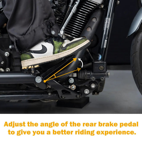 Extended Brake Shift Lever Kit With Linkage For 2018 And Up M8 Harley Softail Low Rider S And Street Bob Bolt On Performance That Makes Braking Feel Crisp And Much Easier Durable Al6063 Aluminum Corrosion Resistant, installed on Harley Softail rear brake pedal