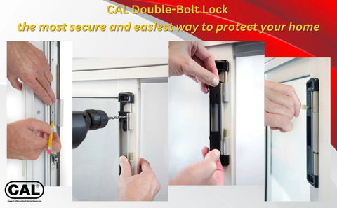 Double Bolt Sliding Glass Door Lock With Patented Tech For The Fam Family Safety And High Security Kid Safe Design Easy To Install Rugged Durable Build Virtually Burglar Proof White, shown being installed on a glass door in close-up views.