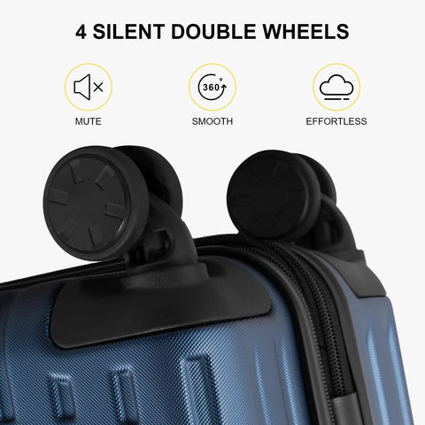 Close-up of Grace Expandable 20 Inch Carry On Hard Shell Luggage with spinner wheels, blue design, highlighting silent double wheels.