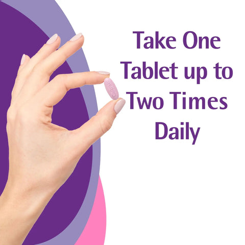 Close-up of hand holding a tablet with text 'Take One Tablet up to Two Times Daily' next to it.