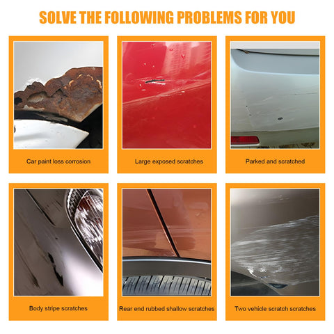 Examples of car paint issues like rust, scratches, and blemishes fixed by 2 In 1 Touch Up Paint Pen For Cars Quick Dry Auto Scratch Remover.