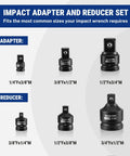 The Ultimate WorkPro 6-Piece Impact Socket Adapter Set Made From Heavy Duty CR-MO Steel Includes Reducers And Extenders Plus A Tough Case For Garage Hacks And Pro Repairs. six-piece impact adapter and reducer set, CR-MO steel, 1/4 to 3/4 drive sizes