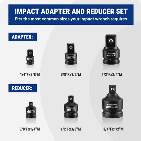 The Ultimate WorkPro 6-Piece Impact Socket Adapter Set Made From Heavy Duty CR-MO Steel Includes Reducers And Extenders Plus A Tough Case For Garage Hacks And Pro Repairs. six-piece impact adapter and reducer set, CR-MO steel, 1/4 to 3/4 drive sizes