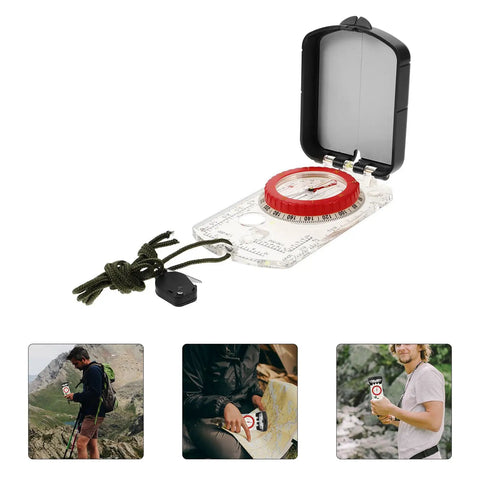 Multifunctional Luminous Compass With Built In Ruler And Mirror for outdoor hikes and camping navigation, shown with accessories