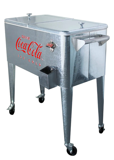 80 Quart Galvanized Rolling Cooler With Bottle Opener, Party Ready Ice Cold Retro Coca Cola Style Outdoor Beverage Cooler