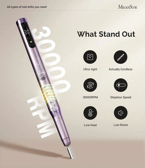 Compact Cordless Nail Drill With 30000 Rpm Motor Pen Shape Handle displaying features like low noise and lightweight design.