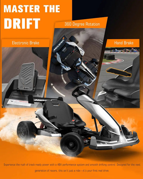 McLaren Licensed 48V Electric Go Kart for Teens 14 Plus with handbrake and electronic brake, 3 speed transmission shown.