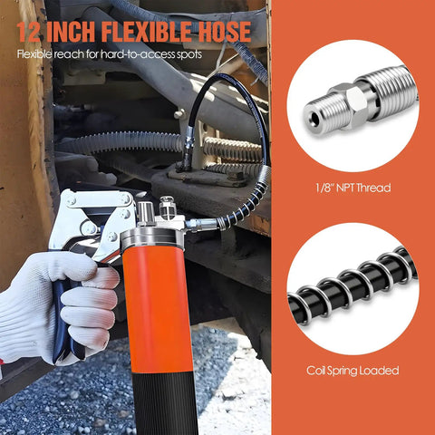 Pro Grade All In One 8 Piece Grease Gun Accessory Kit With Quick Release Coupler 12 Inch Flexible Hose in use on machinery
