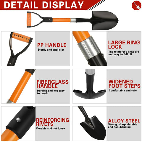 Detailed features of 28 Inch Mini Garden Shovel With Fiberglass Handle And D Grip, Lightweight Alloy Steel Head For Kids, Beach Trips