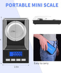 Portable Jewelry Scale 50g Capacity 0.001g Precision shown with dimensions and in hand for easy carrying.