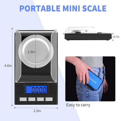 Portable Jewelry Scale 50g Capacity 0.001g Precision shown with dimensions and in hand for easy carrying.