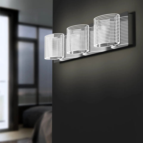 Three Light LED Bathroom Vanity Fixture Over Mirror 24 Inch Chrome Finish Dimmable With Clear Acrylic Lampshades 6000K Cold White Lighting