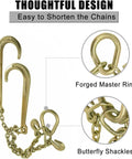Beefy 5/16 Inch G70 Tow Chain With Large Shank J Hooks And Grab Hooks Two Foot Legs For Flatbed Truck Trailers Safe Tow Chain With 4700 Lb Working Load Gold Finish showing design details and hooks.