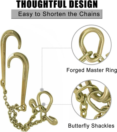 Beefy 5/16 Inch G70 Tow Chain With Large Shank J Hooks And Grab Hooks Two Foot Legs For Flatbed Truck Trailers Safe Tow Chain With 4700 Lb Working Load Gold Finish showing design details and hooks.
