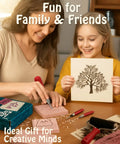 Adults and kids using All In One Printmaking And Stamp Making Kit For Beginners With Linoleum Blocks Ink Brayer Transfer Papers Guide And 10 Printmaking Papers