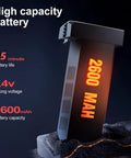 Close-up of high capacity 2600mAh battery for beefy payload drone with 25-minute life and 7.4v strong voltage on dark background.