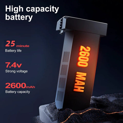Close-up of high capacity 2600mAh battery for beefy payload drone with 25-minute life and 7.4v strong voltage on dark background.