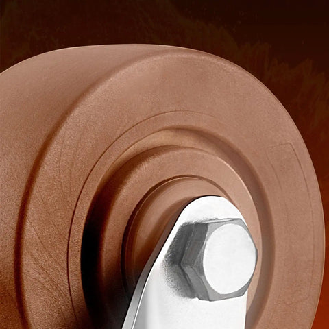 Close-up of Beefy Heavy Duty Caster Wheels With Top Plate Swivel Design, showing wheel texture and metal swivel attachment.