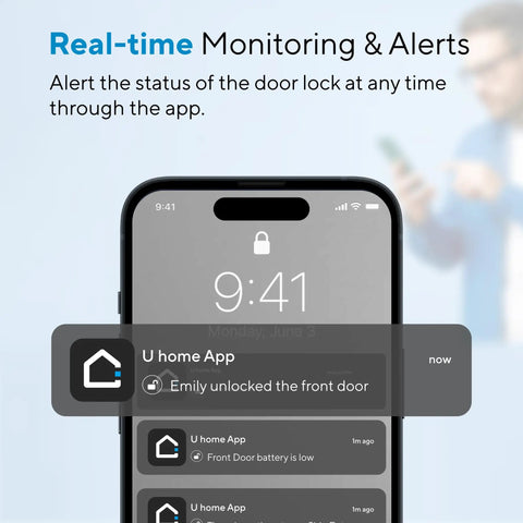 Smartphone screen showing app alerts for Five In One WiFi Smart Lock With Door Sensor For Front Door Keyless Entry App Remote.