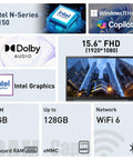 Slim Intel N150 Laptop With 15.6 Inch Fhd Display And 8Gb Ddr5 Ram showcasing features like Windows 11, Dolby Audio, and Intel Graphics.