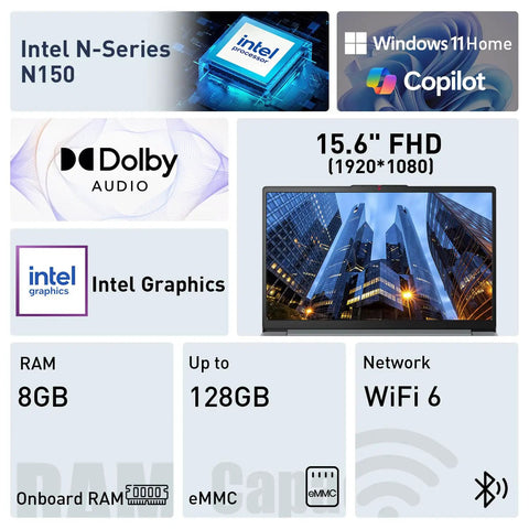 Slim Intel N150 Laptop With 15.6 Inch Fhd Display And 8Gb Ddr5 Ram showcasing features like Windows 11, Dolby Audio, and Intel Graphics.
