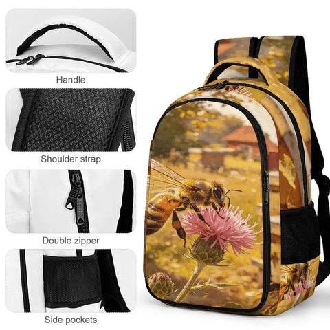 Bees And Wildflower Printed Unisex Backpack With Large Capacity, Durable Polyester Daypack Featuring Beehive Theme, close-up details