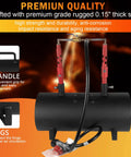 Portable Double Burner Propane Forge With Large Capacity showing handle, legs, and connectors against fiery background